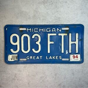 Vintage Michigan License Plate - Blue & White "903 FTH"
